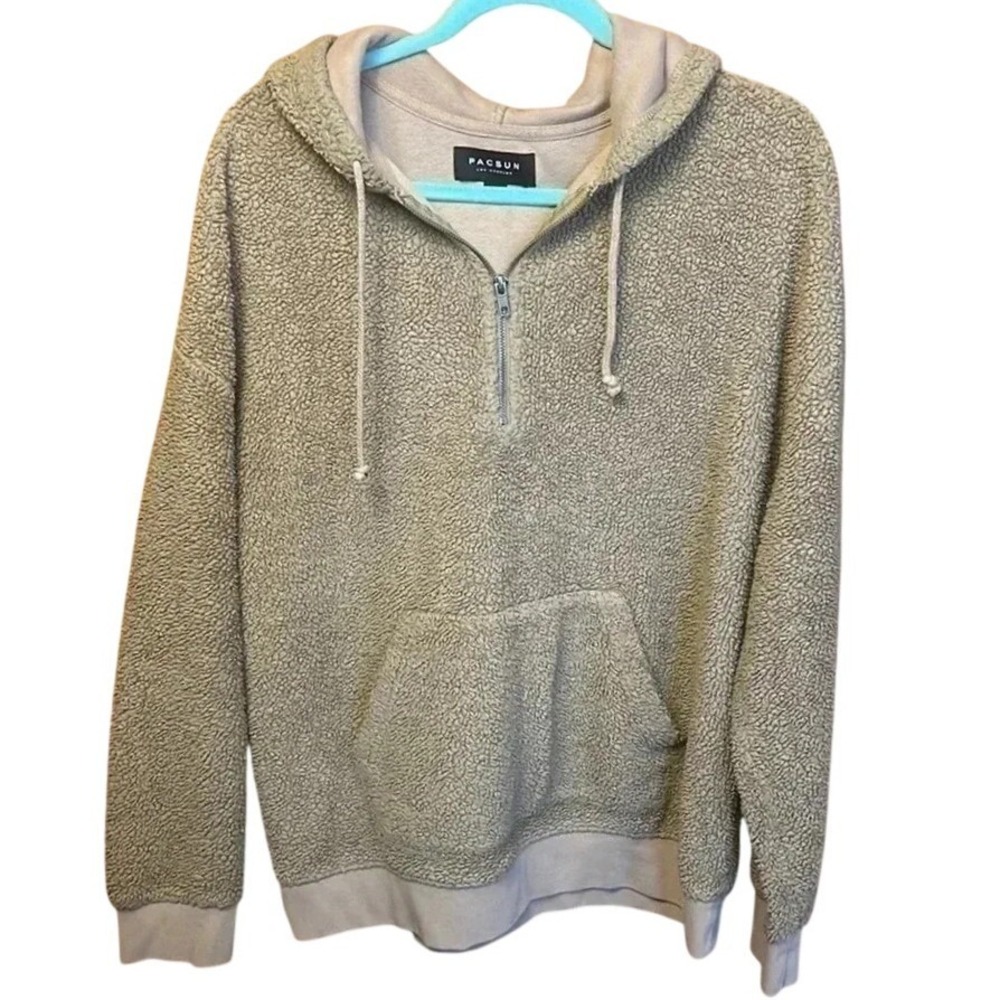 PacSun Mens Tan Sherpa Fleece Quarter Zip Hoodie Kangaroo Pocket M Gorpcore Warm